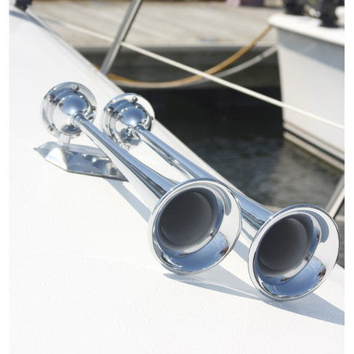 Dual Trumpet Chrome Brass Air Boat Horn Kit with Compressor