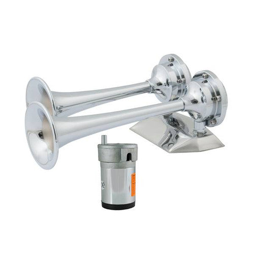 Dual Trumpet Chrome Brass Mini Air Boat Horn Kit with Compressor